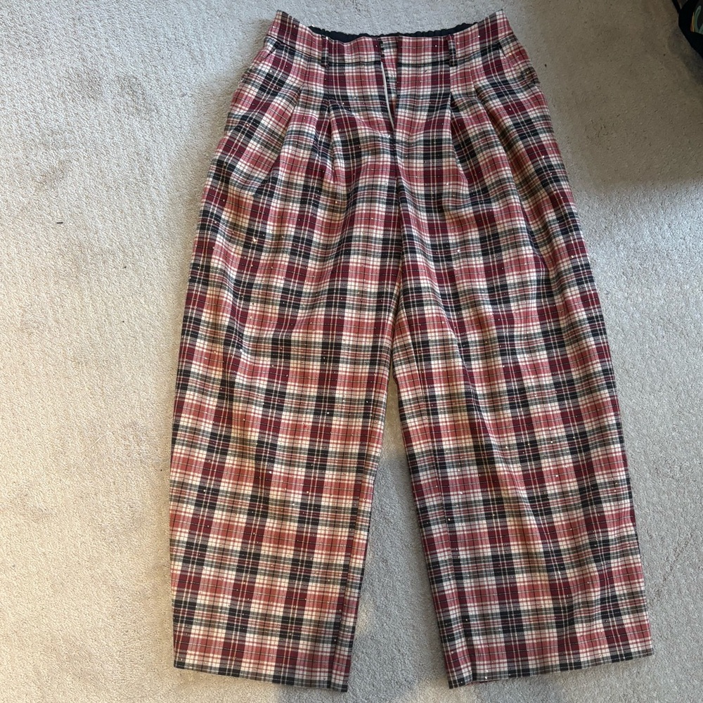 Maeve Wide-Leg Plaid Trousers in Brown & Cream - Picture 3 of 3